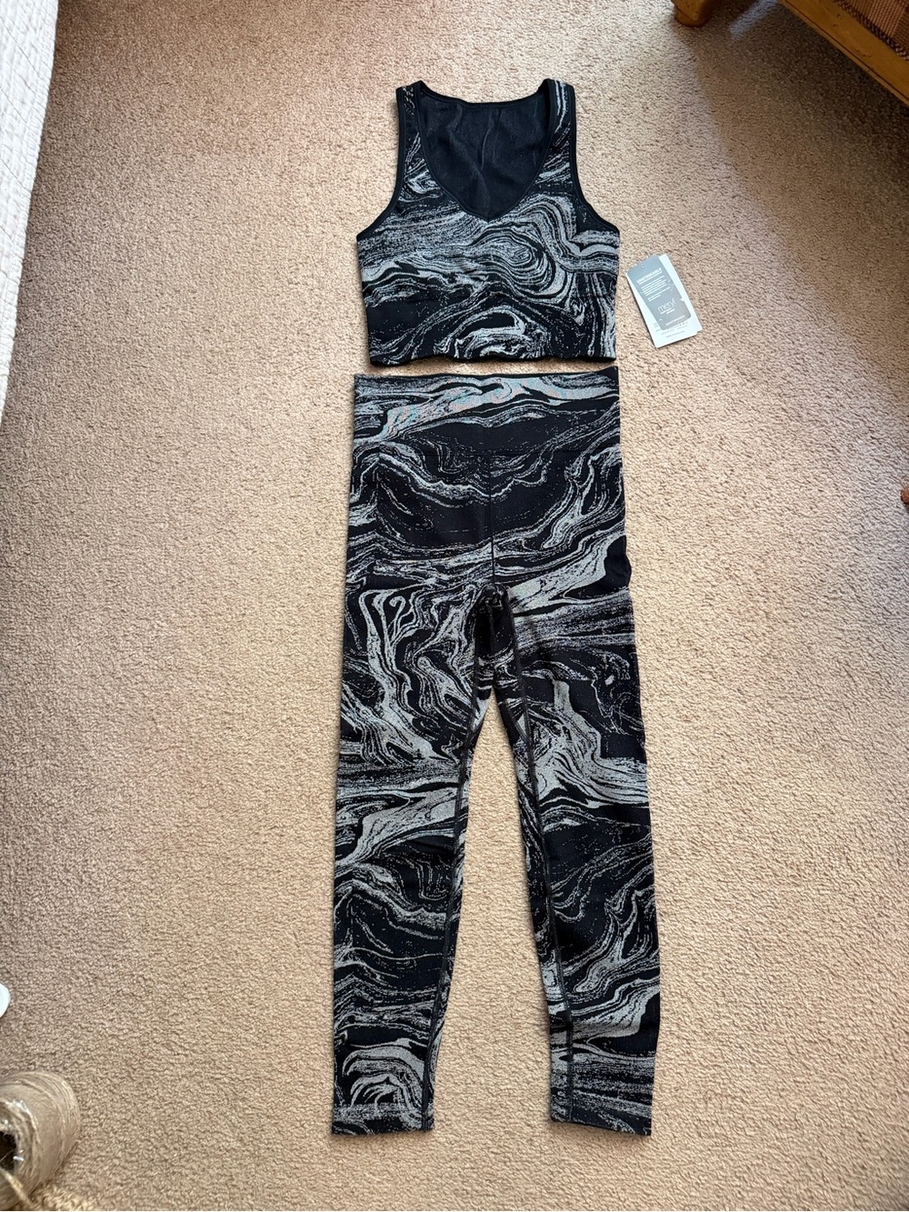 Athleta Black & Gray Marble-Print High-Waist Leggings with Matching Crop Tank